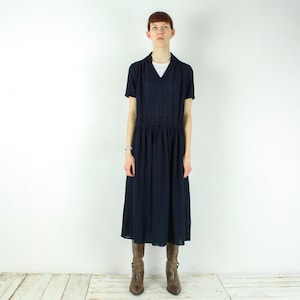 Vintage wibor women m dark blue dress, elastic waist midi lined collared short sleeve summer dress sundress 70s boho chic rustic weddings 4b