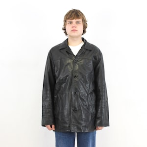 Vintage HOLLOWAY Men&#39;s Uk 40 Us Genuine Leather EU 50 Over Coat Jacket Blazer Black Gothic M Button Matrix Grunge Rocker Motorcycle Biker 3v