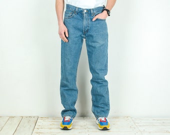 LEVI'S STRAUSS 505 Vintage Heren W32 L32 Regular Fit Jeans met rechte pijpen, Zip Fly Denim Broek Broek Casual Blauw Retro Alledaags Streetwear 4v