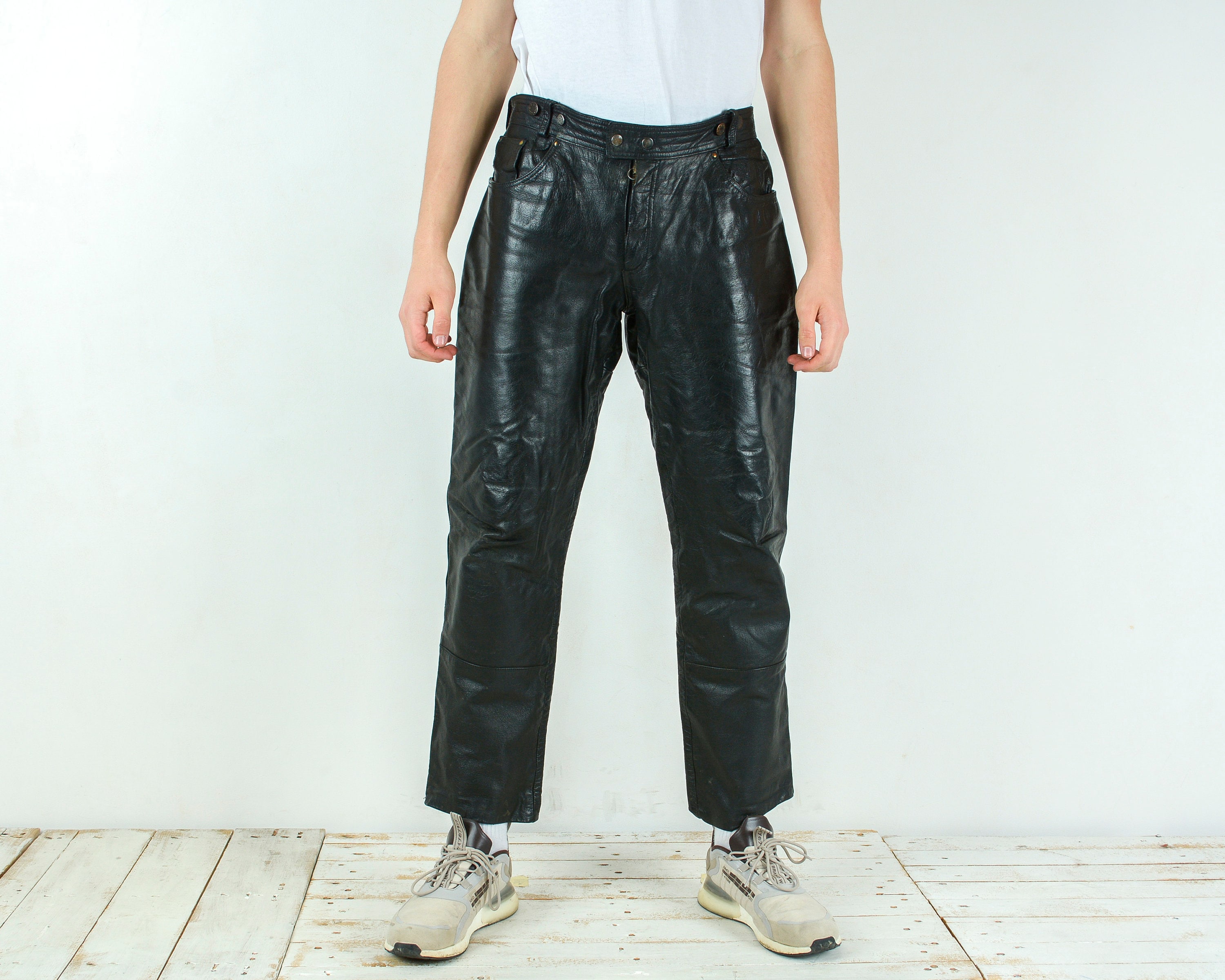 Louis Vintage Men W38 L30 Real Leather Pants Trousers Black Grunge