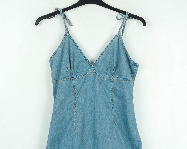H&m women l denim mini dress jean summer dress spaghetti strap zip up back image 3