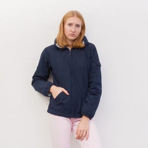 Vintage eddie bauer women m jacket, sport bomber outdoor outfitter hooded, zip up coat parka navy outerwear retro american classic 3v