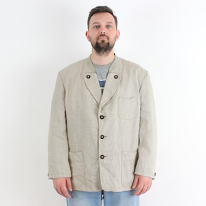 TOFANA Collection Vintage Mens M Blazer Linen Blend Suit Jacket Trachten Janker Oktoberfest Jager Sport Coat Retro Beige Formal Button Up 3a