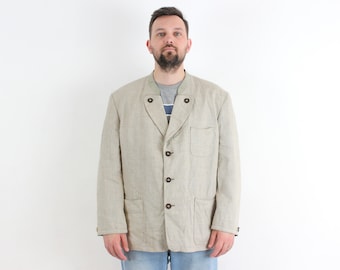 TOFANA Collection Vintage Mens M Blazer Linen Blend Suit Jacket Trachten Janker Oktoberfest Jager Sport Coat Retro Beige Formal Button Up 3a
