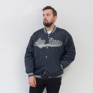 VON LAUREN Vintage Men&#39;s XL Jacket Navy Coat Bomber, Varsity College Las Vegas, Snap button up Sports Casual Windbreaker Windproof Retro 1o