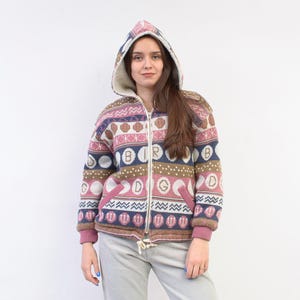 Felpa con cappuccio da donna Salty Dog, modello L, in finto sherpa invernale anni '90, foderata in pile, giacca lavorata a maglia, cappuccio rosa caldo con cerniera, maglione lavorato a maglia, taglia Large 2k