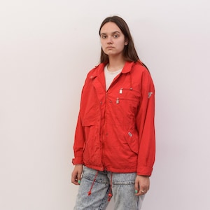 Vintage 1980&#39;s gore-tex schoffel women l windbreaker jacket, rainproof red hidden hood norwegian zip up coat 90s 80s walking hiking red 2v