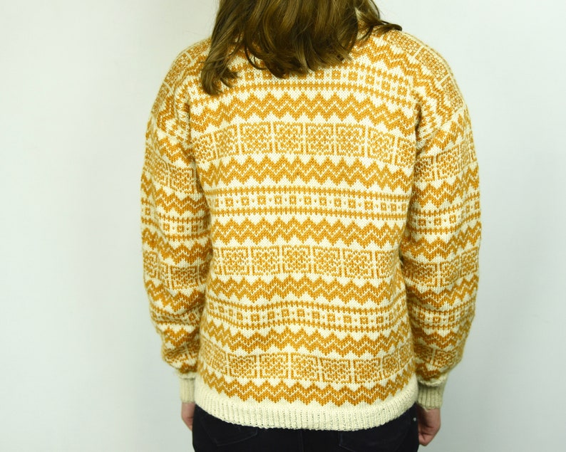 VINTAGE 1990/'s Women/'s Small Norwegian Icelandic Chunky Knit Wool Cardigan Scandinavian Sweater Orange Beige Fair Isle Button Up Jumper Top