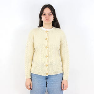 Vintage womens m wool cardigan sweater fisherman jumper cable knit, button up jacket handmade retro warm winter christmas crew neck white 3v