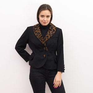 Vintage 80&#39;s women&#39;s l -  m retro blazer, suit jacket faux fur collar, animal print black, sport coat, smart office ladies work mod fall 2v