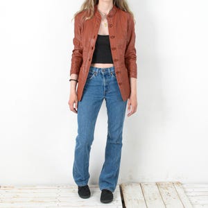Vintage women&#39;s s orange red genuine leather coat autumn jacket classy 90&#39;s button up retro, blazer long outdoor western boho chic spring 3l