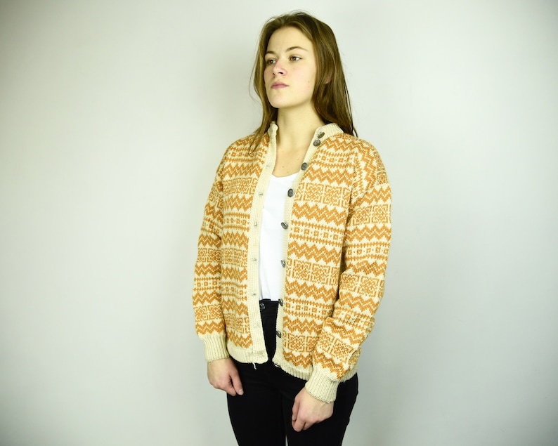 VINTAGE 1990/'s Women/'s Small Norwegian Icelandic Chunky Knit Wool Cardigan Scandinavian Sweater Orange Beige Fair Isle Button Up Jumper Top