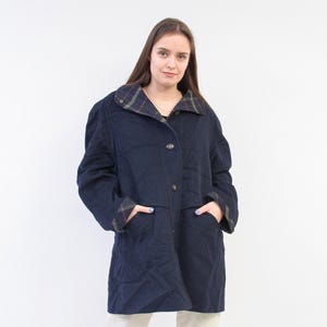 Vintage your sixth sense women l xl alpaca wool coat, jacket blue overcoat winter warm german check plaid uk 16 gb, 12 us size 80s tracht 2v