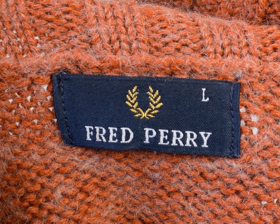 FloppyBobby Fred Perry Vintage Men's L Jumper Pullover Sweater Wool Acrylic Knitted High Turtle Neck Retro Navy Dark Blue Red Orange Knit 2V