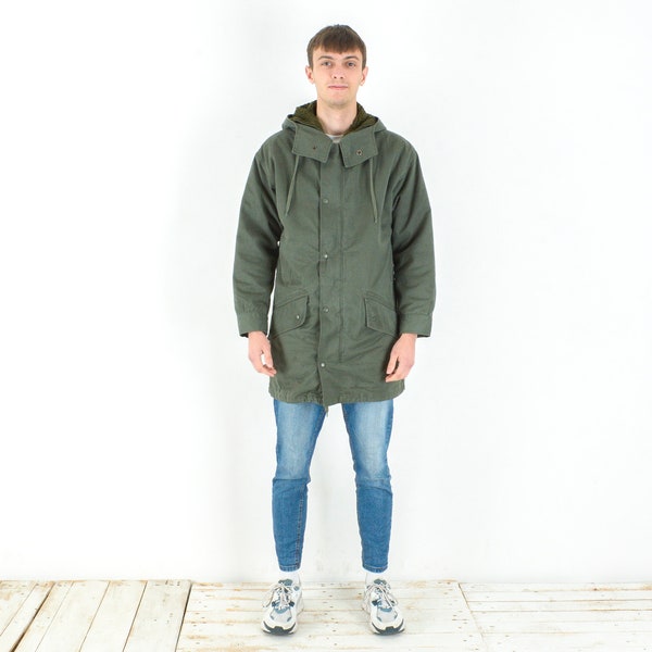 France vintage Parka J Veyrier Français 1983 Paris Veste S Homme Armée Militaire, doublure polaire Manteau Zip Up Capuche Surplus Kaki Olive 3o