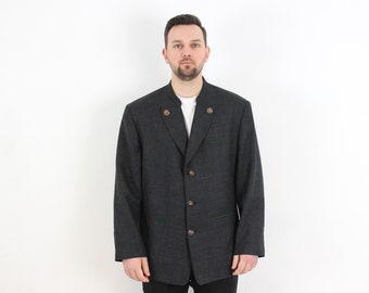 Vintage JULIUS LANG Hombres US 42 Reino Unido Lino Blazer Abrigo Trachten Chaqueta Jager Lino Eu 52 Alemán Oktoberfest 2XL Austriaco Azul Marino Oscuro Retro 3b