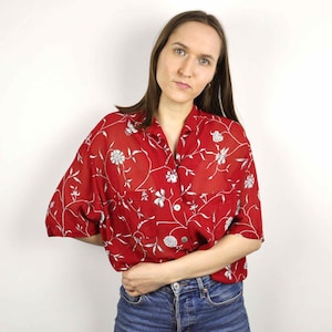 Tru vintage women l oversized us 16 transparent blouse uk 18 shirt short sleeves red flower print top tee floral f 46 flowers d 44 summer 2v