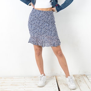 Vintage women s summer skirt knee length retro floral, light funky bottoms summer night out date spring, school university valentines 2v