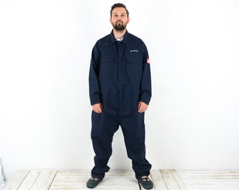 Vintage BIZWELD Men 4XL Flame Resistant Worker Coveralls Boilersuit Utility Overalls Jumpsuit Playsuit Dungarees Chore Navy Blue Zip Up 2n