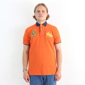 Vintage Polo Ralph Lauren Men M Custom Fit Short Sleeved Shirt Orange Embroidered Cotton Top T-Shirt Tee Retro Casual Office Business 90s 3a