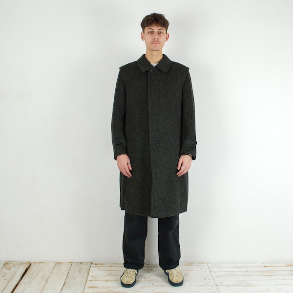 ORATOP WEYRER Tyroler Loden Vintage Men's L Wool Trench Long Jacket Over Coat EU 52 Made in Finland Black Winter Button Up Warm Retro Top 4v