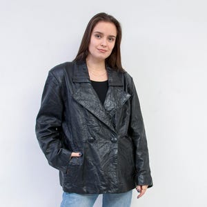 Vintage giovanna women l leather jacket, double breasted black blazer, coat italy biker buttons outerwear autumn fall stylish rock matrix 2v