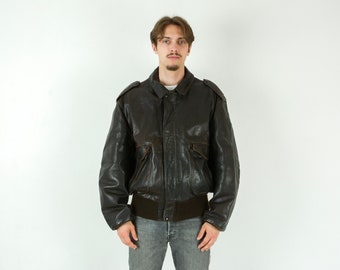 Schott Vintage Men&#39;s M Bomber Leather Flight Jacket Coat Made in USA Moto Rocker Biker 1980&#39;s Aviator Motorcycle Zip Up Brown Retro Top 4j