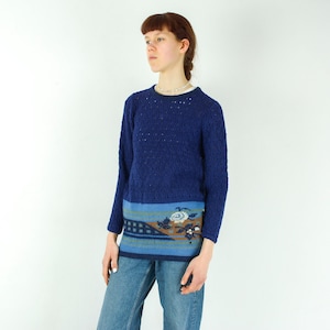 Vintage women xs handmade wool sweater, pullover jumper knitted winter warm, crochet knit retro everyday multicolour top granny knitwear 4b