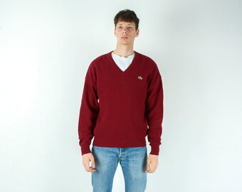 Vintage LACOSTE CHEMISE Heren M Trui Jumper Wol Gebreid FR 4 Made In France Pullover Jumper Logo Winter Preppy Retro Rood Kastanjebruin Burgundy 4b