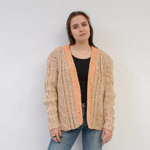 Vintage women m l wool cardigan, sweater jacket christmas cable knit beige orange jumper cosy fisherman handmade, retro winter spring top 2v