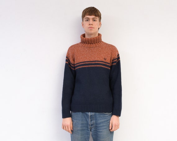FloppyBobby Fred Perry Vintage Men's L Jumper Pullover Sweater Wool Acrylic Knitted High Turtle Neck Retro Navy Dark Blue Red Orange Knit 2V