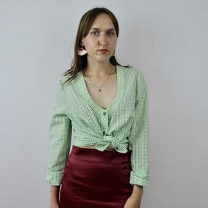 Frauen 90er Jahre Vintage Karo Tartan grün weiß Bluse m/l Bluse Hemd kariert, sexy romantisch, Top Tee Button Down, Rundhals 2v
