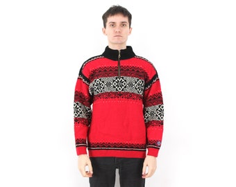 Vintage Mens M Wool Jumper Pullover Sweater Norwegian Knit Nordic Top Knitted Norway Zipper Neck Retro Norway Red Black White Warm Casual 3v