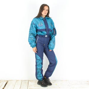 Vintage save the planet ski suit women m jumpsuit, skiing snowboarding overalls coveralls padded belted 80s snow suit one piece 3n