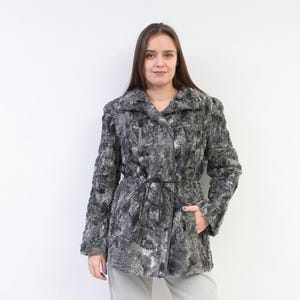 Vintage women s m fur coat shearling sheepskin jacket, grey overcoat winter warm retro mid length winter norwegian norway outerwear 2v