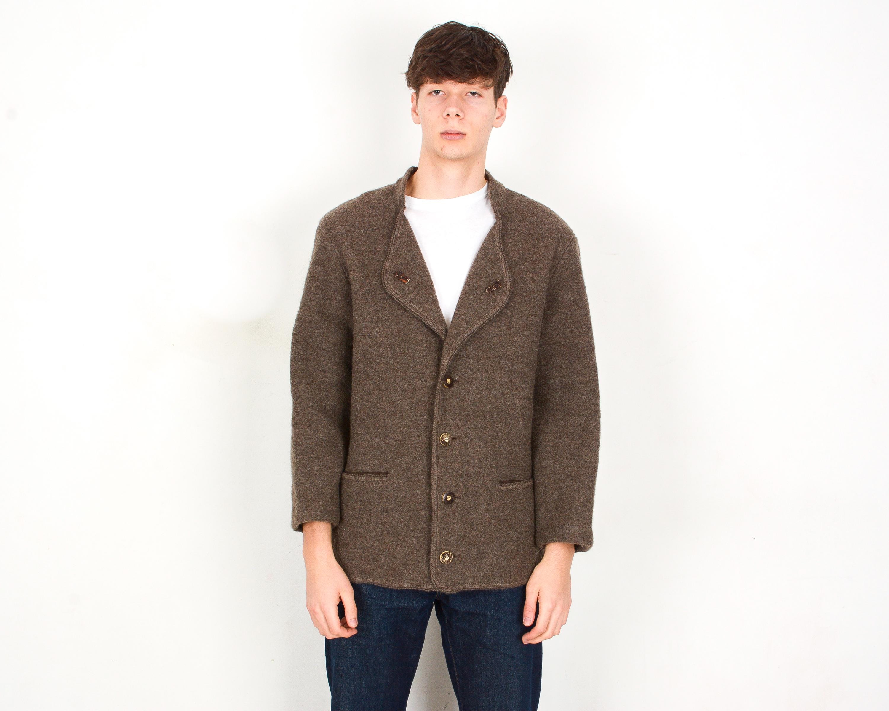 Gekochte Wolle Tirol Vintage Herren UK 42 US Blazer, Tracht Jacke Mantel Echte Knochen Knöpfe, Braun Trachten Österreich Janker Eu 52 l Jager German 5v