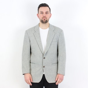 Vintage HUGO BOSS Men 100% Lamb Wool Blazer UK 40 Us Grey Herringbone Tweed Sport Jacket Eur 50 Button Up Coat M Suit Top Wedding 3b