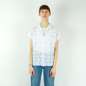 Blusa vintage feminina transparente de crochê com manga curta, blusa com estampa floral, camisa transparente, blusa branca romântica, verão, primavera 4b