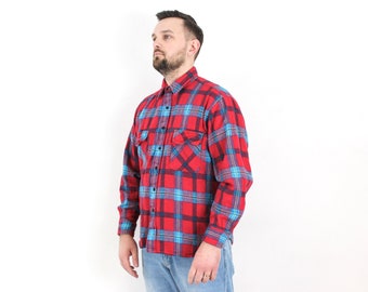Cumberland Vintage Men's L Heavyweight Flannel Thick Shirt Check Plaid Tartan Lumberjack Strong Red Blue Button Up Retro Everyday Casual  4v