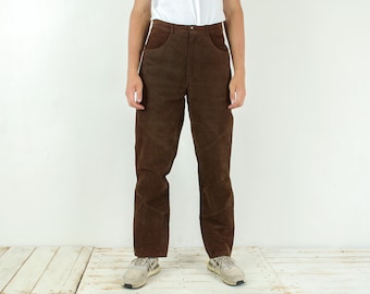 Pantaloni in pelle marrone vintage da uomo W31 L34, pantaloni da motociclista con cerniera W32, pantaloni da cowboy, stile western, stile streetwear, retrò, taglia S 4n