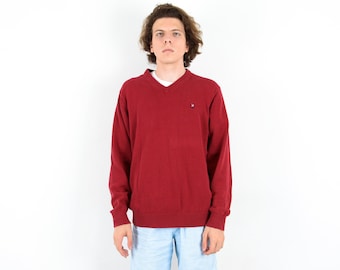 US Polo ASSN ASSOCIATION Vintage M Men's Jumper, Pullover Sweater V-Neck Red Top Y2K Festival 100% Cotton 90s Sweatshirt  long sleeve 2a