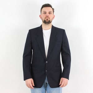 Vintage HUGO BOSS Men Wool Uk 42 Us Pinstriped Blazer, SuitJacket EU 52 Suit Sports Navy Blue Coat L Retro Madmen Top Wedding large m 3b