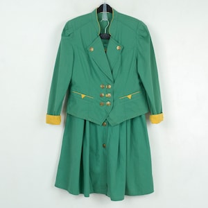 Vintage londenfrey Frauen m trachten kleid uk 12 jacke, midi rock 2 teilig, oktoberfest festival janker, grüner anzug medium 2v