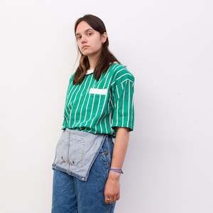 Vintage women l pinstriped green tie top, t-shirt blouse streetwear sportwear tee pocket striped striped 80s retro crew neck short sleeve 2v