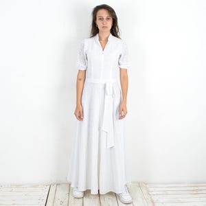 Women&#39;s s m white dress, bow vintage collar french sleeves lace zip up, maxi classy summer wedding, bohemian retro chic rustic romantic 2j