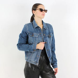 Jaqueta jeans vintage Lee feminina, blazer jeans azul com botões acolchoados, casaco índigo clássico americano, caminhoneiro, cowboy, cowgirl, western 3N