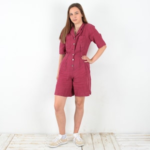 Vintage 90&#39;s burgundy linen overall romper uk 8 playsuit us 4 shorts short sleeved collared neck maroon eu 36 s overalls jumpsuit 2n