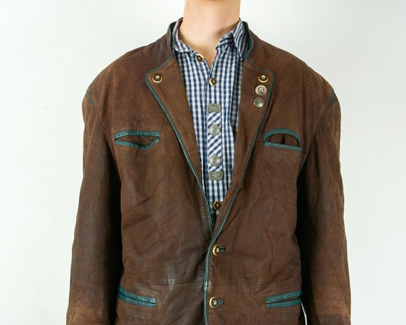 Vintage Trachten Men s Uk 44 Us Real Leather Blazer Jacket Eu 54 Sport Coat Green Brown Jager Janker XL Oktoberfest Austrian German Top 4g Etsy Ireland