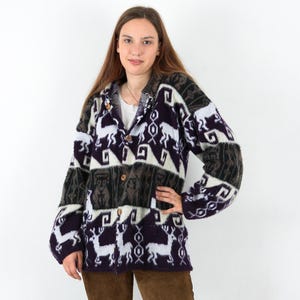 Vintage women l wool peru hoodie, peruvian sweater jumper hooded cardigan jacket, boho coat button up, south americas winter christmas 2v