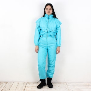 Vintage 80s women uk 8 ski suit eu 36 jumpsuit us 4 overall hooded coveralls one piece snow snowboarding winter bottoms sports active ski 3v